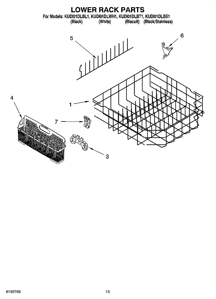 LOWER RACK PARTS Diagram and Parts List for KUDI01DLBT1  KitchenAid Dishwasher