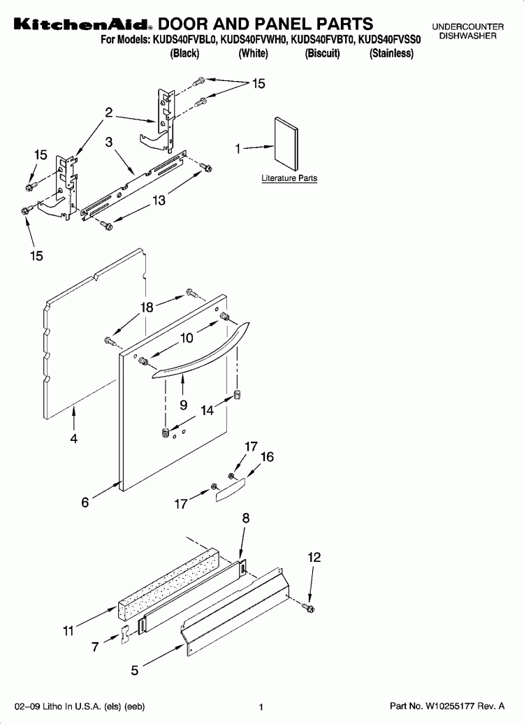 DOOR AND PANEL PARTS Diagram and Parts List for KUDS40FVSS0  KitchenAid Dishwasher
