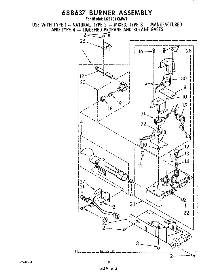 688637 BURNER Diagram and Parts List for LG5781XMW1  Whirlpool Dryer