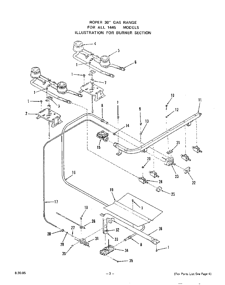 BODY Diagram and Parts List for 1445W1A  Roper Range