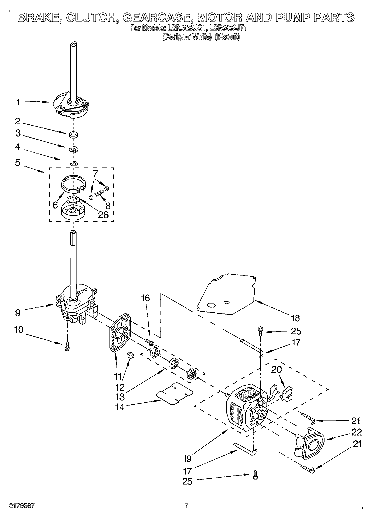 BRAKE, CLUTCH, GEARCASE, MOTOR AND PUMP Diagram and Parts List for LBR5432JQ1  Whirlpool Washer