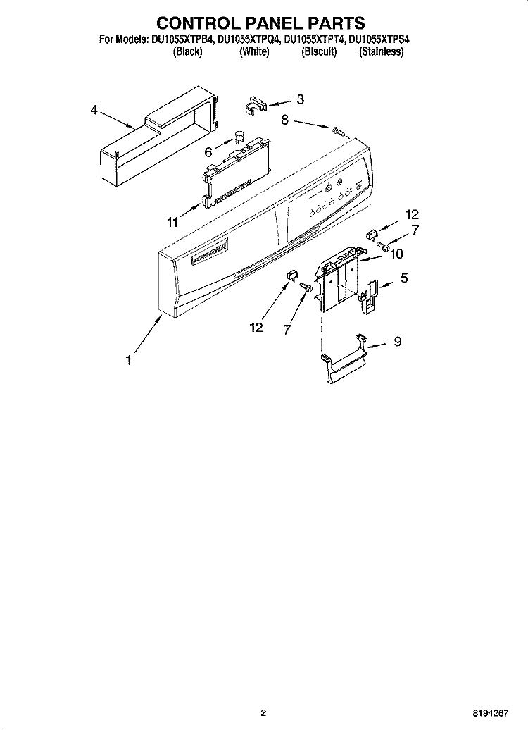 CONTROL PANEL PARTS Diagram and Parts List for DU1055XTPQ4  Whirlpool Dishwasher