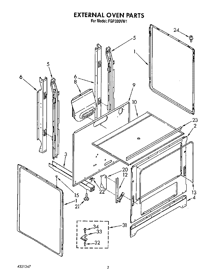 EXTERNAL OVEN Diagram and Parts List for FGP320VL1  Whirlpool Range
