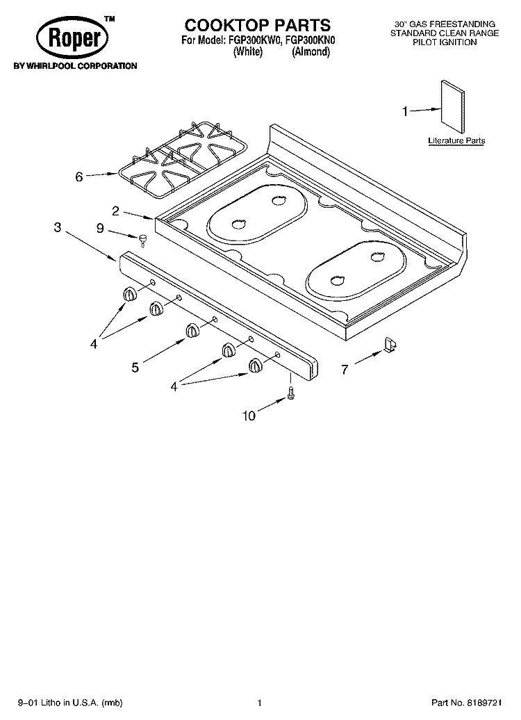 COOKTOP, LITERATURE Diagram and Parts List for FGP300KN0  Roper Range