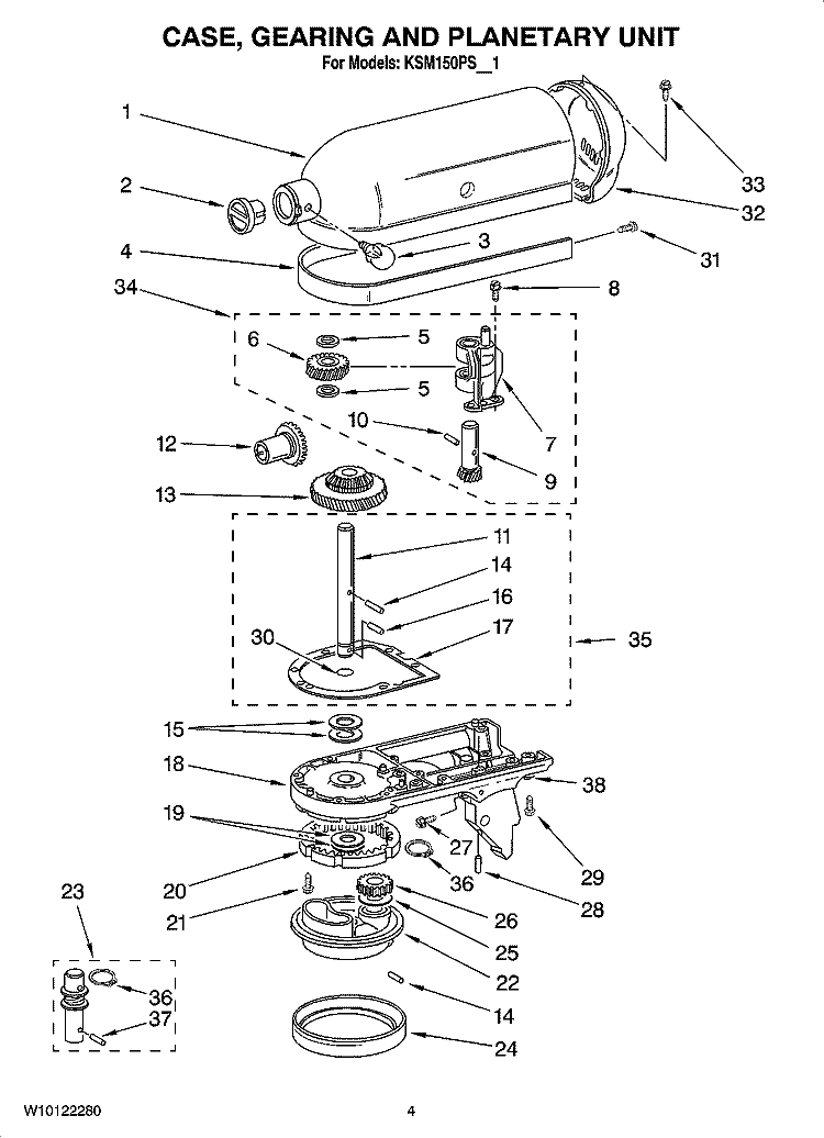 CASE, GEARING AND PLANETARY UNIT Diagram and Parts List for KSM150PSGR1  KitchenAid Mixer