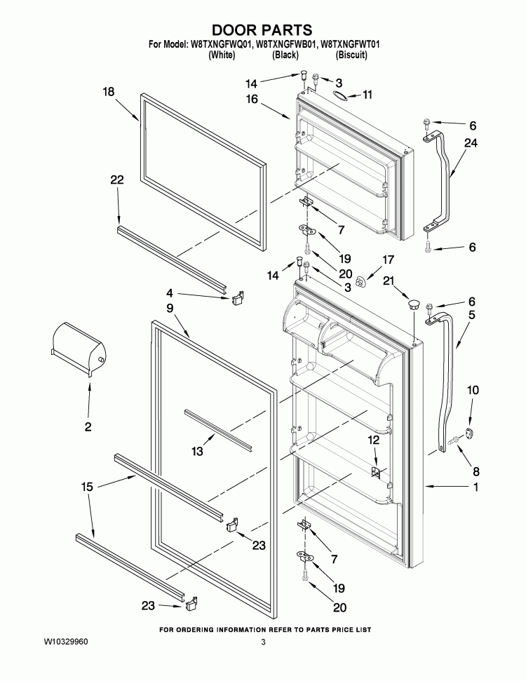 DOOR PARTS Diagram and Parts List for W8TXNGFWB01  Whirlpool Refrigerator