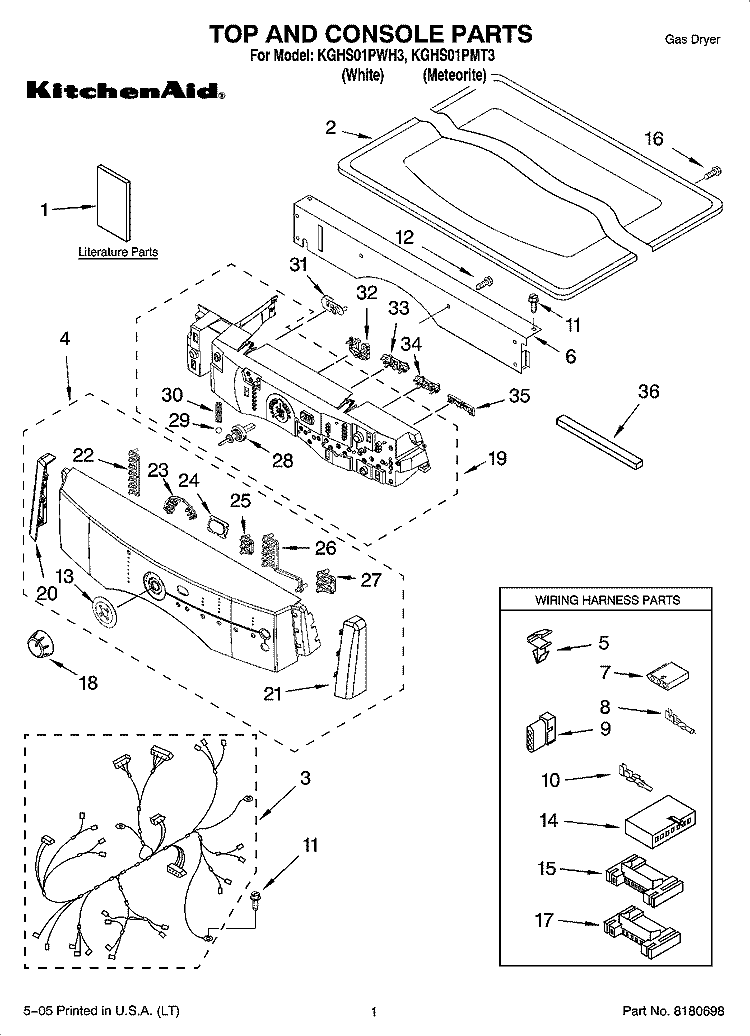 TOP AND CONSOLE PARTS Diagram and Parts List for KGHS01PMT3  KitchenAid Dryer