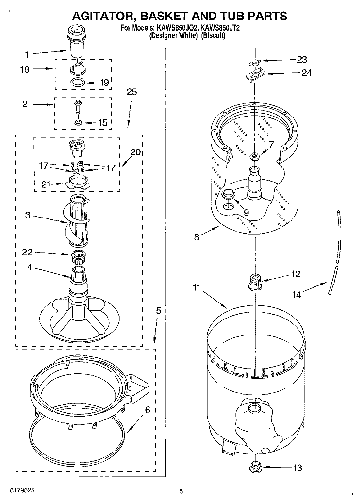 AGITATOR, BASKET AND TUB Diagram and Parts List for KAWS850JT2  KitchenAid Washer