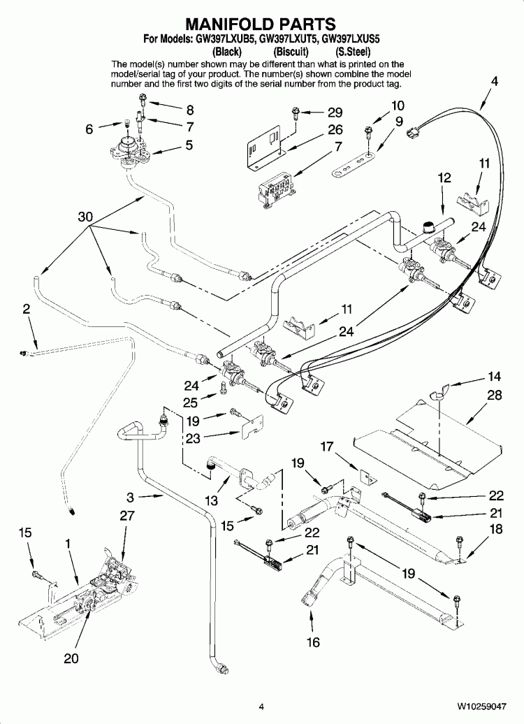 MANIFOLD PARTS Diagram and Parts List for GW397LXUT5  Whirlpool Range