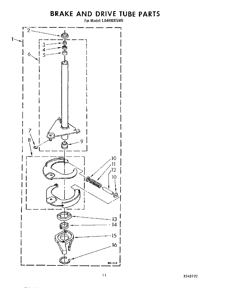 BRAKE AND DRIVE TUBE Diagram and Parts List for LA4800XSW0  Whirlpool Washer