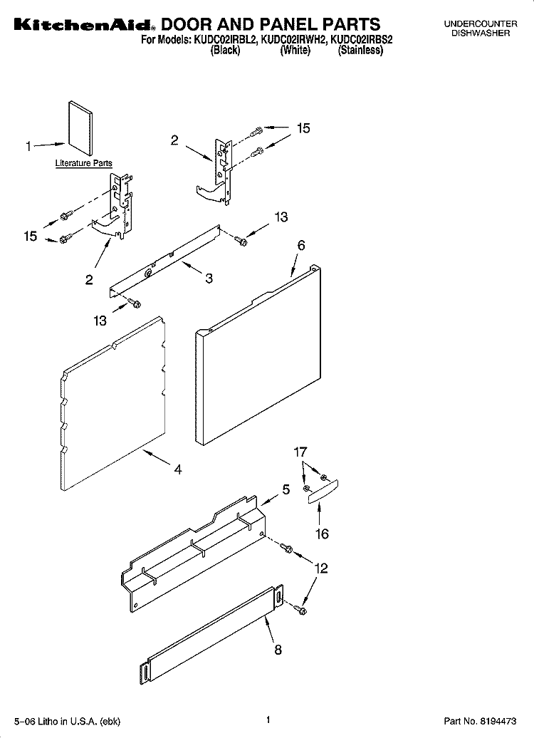 DOOR AND PANEL PARTS Diagram and Parts List for KUDC02IRWH2  KitchenAid Dishwasher