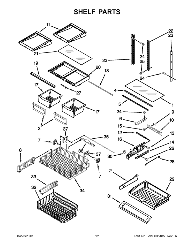 SHELF PARTS Diagram and Parts List for 5KBFS20EAX01  KitchenAid Refrigerator