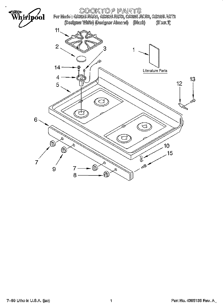 COOKTOP, LITERATURE Diagram and Parts List for GS395LEGQ3  Whirlpool Range