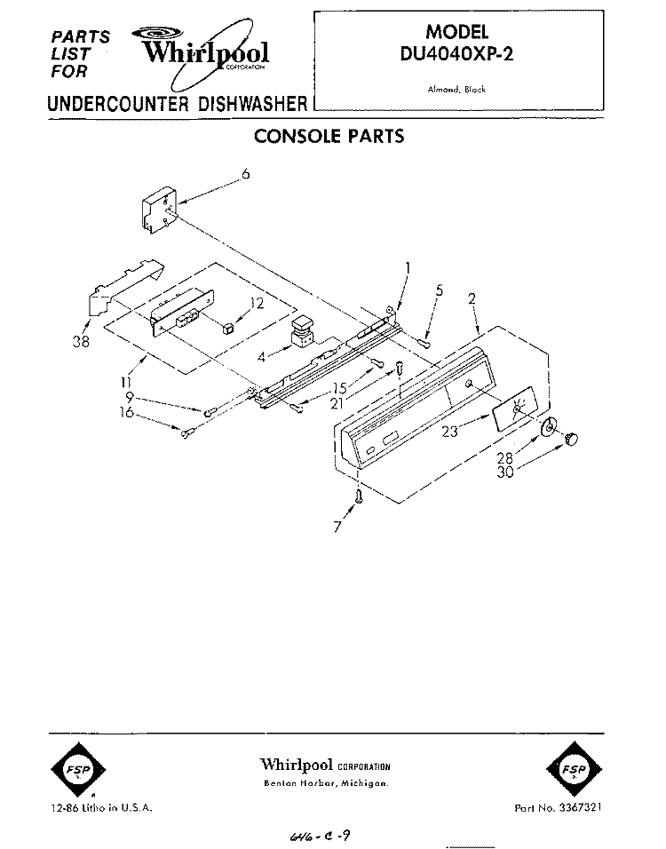 CONSOLE Diagram and Parts List for DU4040XP2  Whirlpool Dishwasher