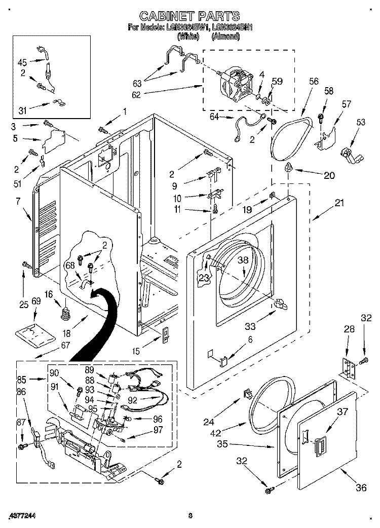 CABINET Diagram and Parts List for LGN3624BW1  Whirlpool Dryer