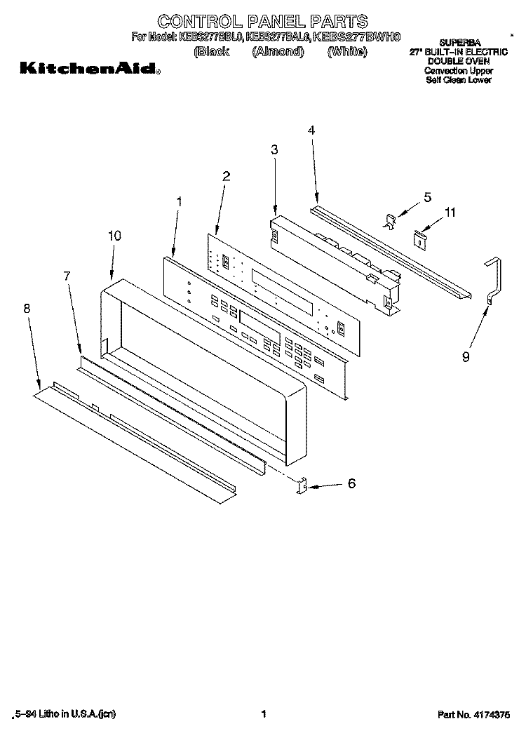 CONTROL PANEL, LIT/OPTIONAL Diagram and Parts List for KEBS277BBL0  KitchenAid Wall Oven