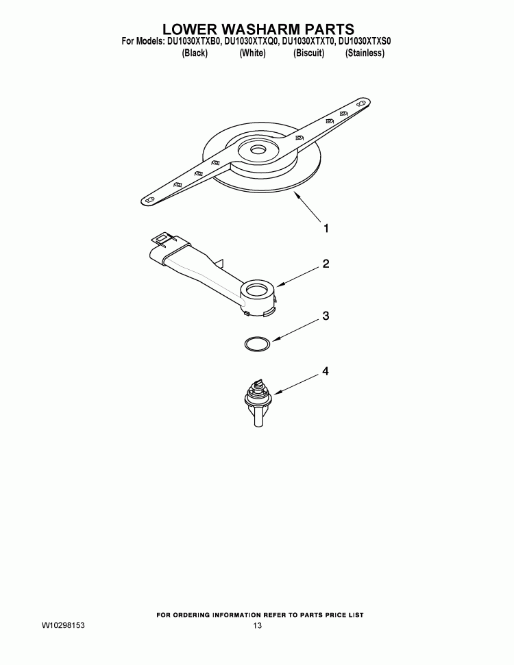 LOWER WASHARM PARTS Diagram and Parts List for DU1030XTXB0  Whirlpool Dishwasher