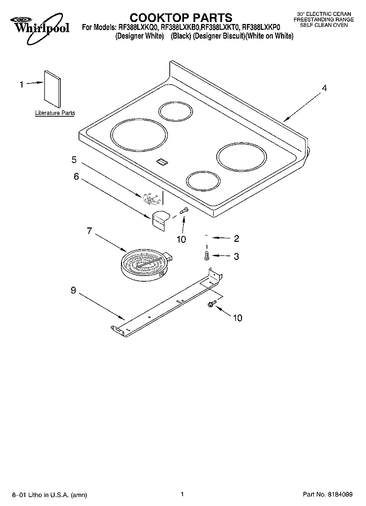 COOKTOP PARTS Diagram and Parts List for RF388LXKB0  Whirlpool Range