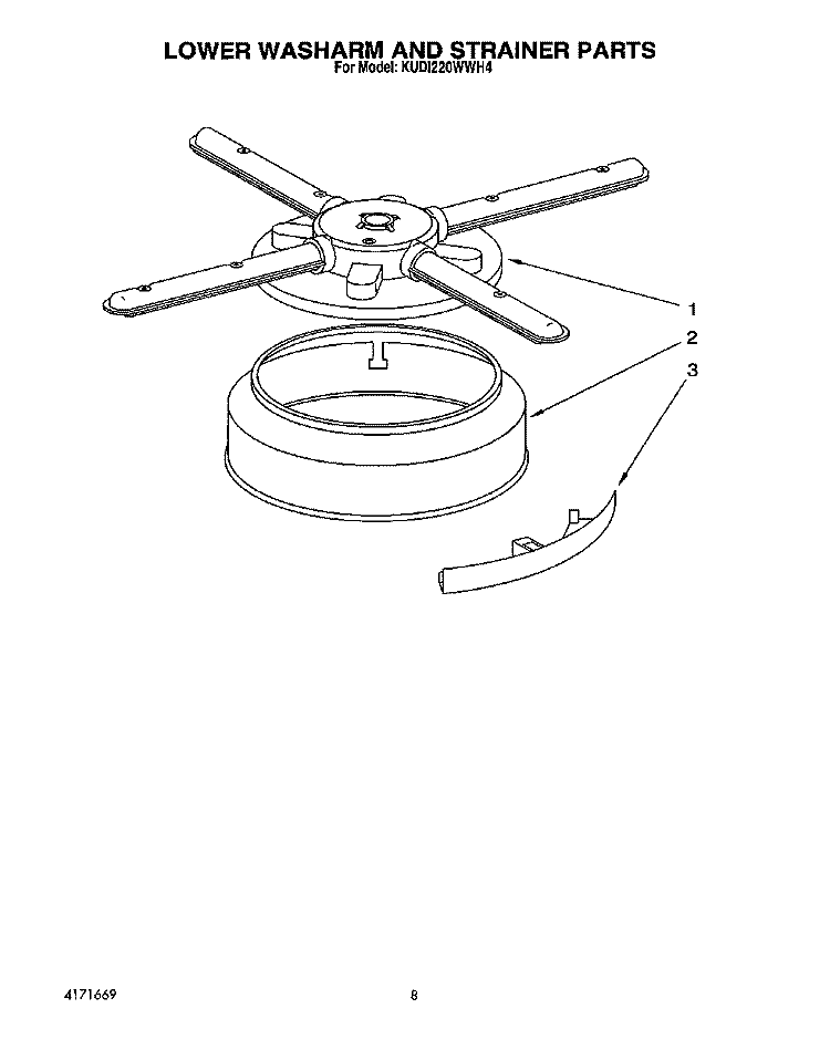 LOWER WASHARM AND STRAINER Diagram and Parts List for KUDI220WWH4  KitchenAid Dishwasher