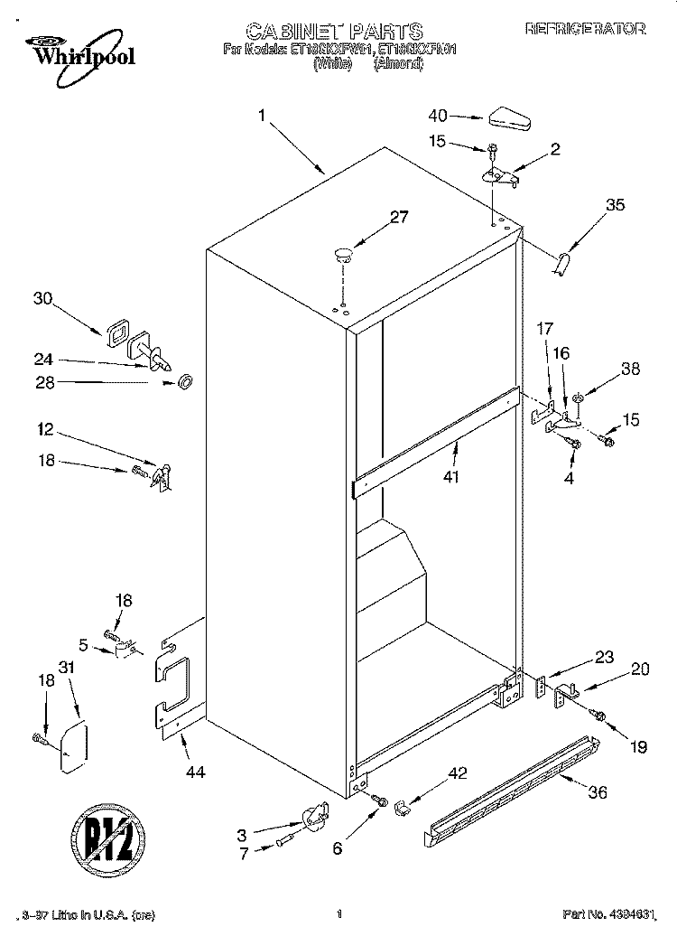 CABINET Diagram and Parts List for ET18GKXFN01  Whirlpool Refrigerator