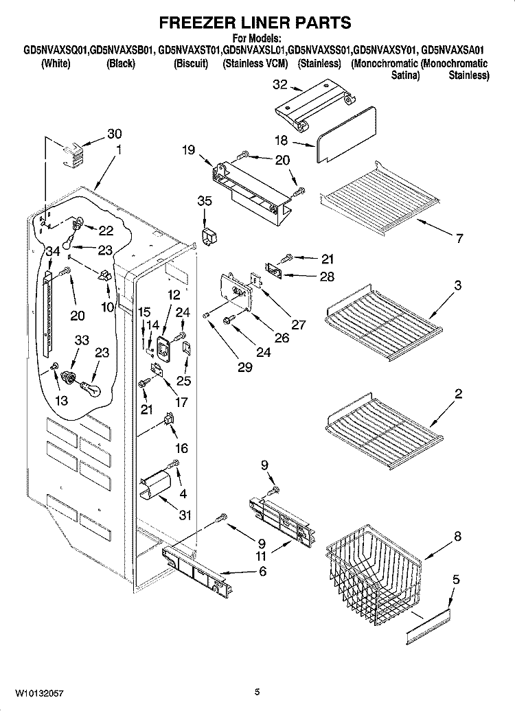 FREEZER LINER PARTS Diagram and Parts List for GD5NVAXSL01  Whirlpool Refrigerator