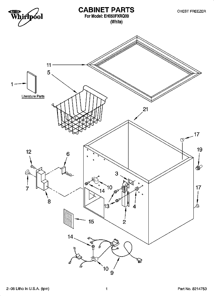 CABINET PARTS Diagram and Parts List for EH050FXRQ00  Whirlpool Freezer