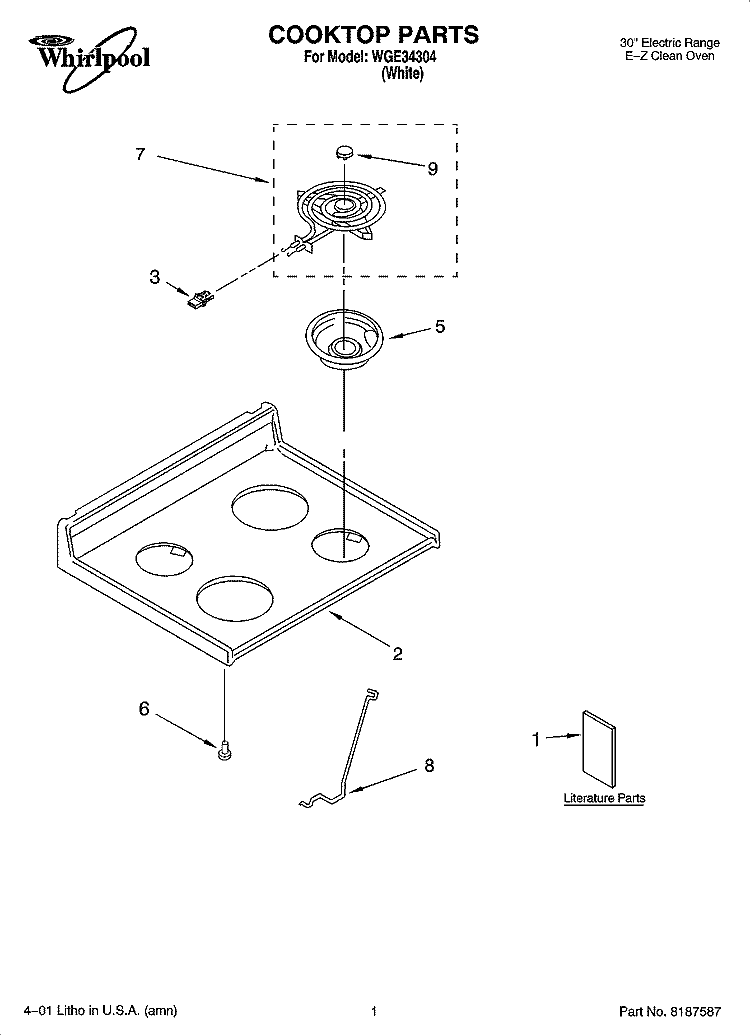 COOKTOP PARTS Diagram and Parts List for WGE34304  Whirlpool Range