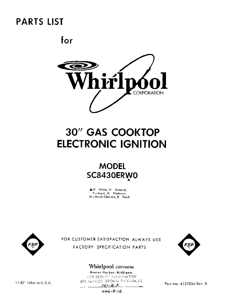 SECTION Diagram and Parts List for SC8430ERW0  Whirlpool Cooktop