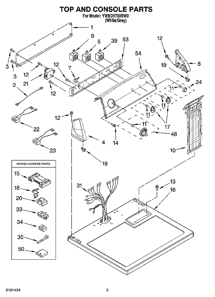TOP AND CONSOLE PARTS Diagram and Parts List for YWED5700SW0  Whirlpool Dryer