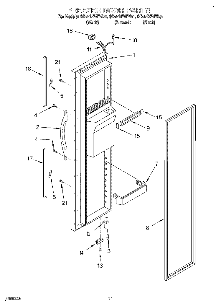 FREEZER DOOR Diagram and Parts List for GD27DFXFW01  Whirlpool Refrigerator