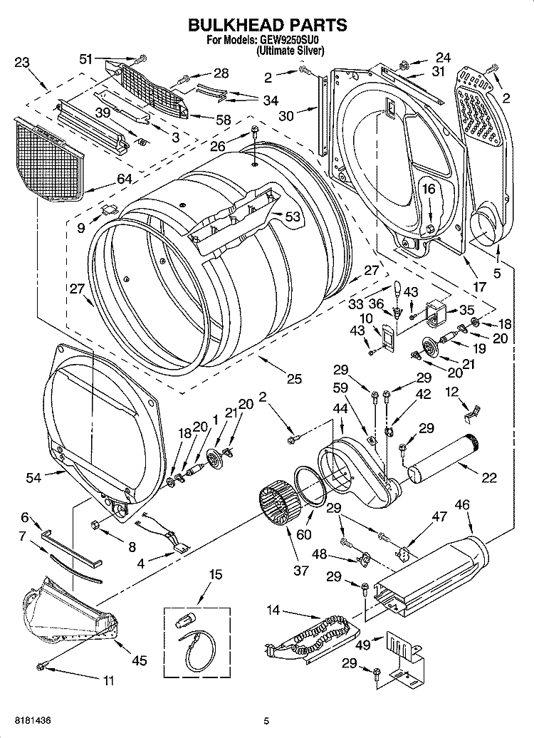 BULKHEAD PARTS Diagram and Parts List for GEW9250SU0  Whirlpool Dryer
