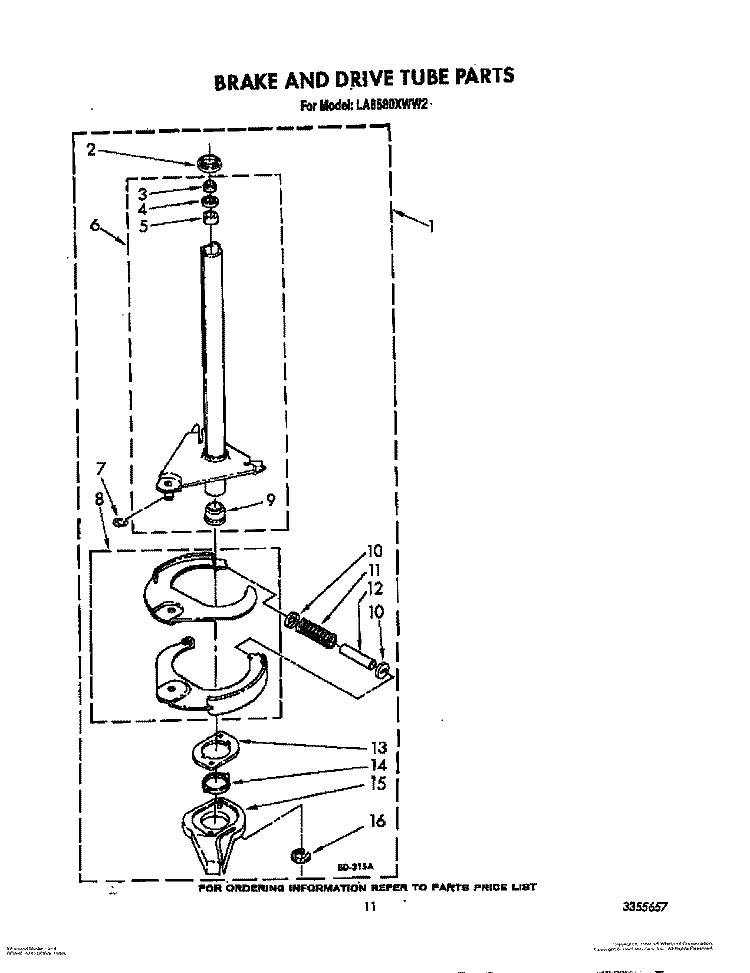 BRAKE AND DRIVE TUBE Diagram and Parts List for LA8580XWF2  Whirlpool Washer