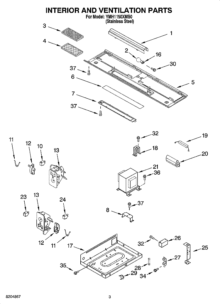 INTERIOR AND VENTILATION PARTS Diagram and Parts List for YMH1150XMS0  Whirlpool Microwave