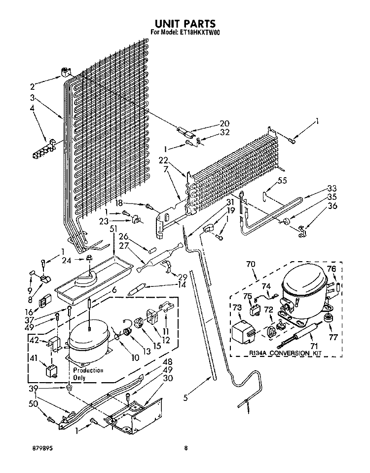 UNIT Diagram and Parts List for ET18HKXTF00  Whirlpool Refrigerator