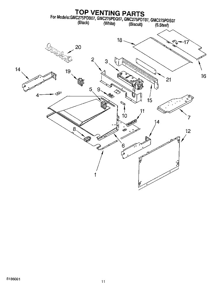 TOP VENTING PARTS, OPTIONAL PARTS Diagram and Parts List for GMC275PDB07  Whirlpool Microwave Oven Combo