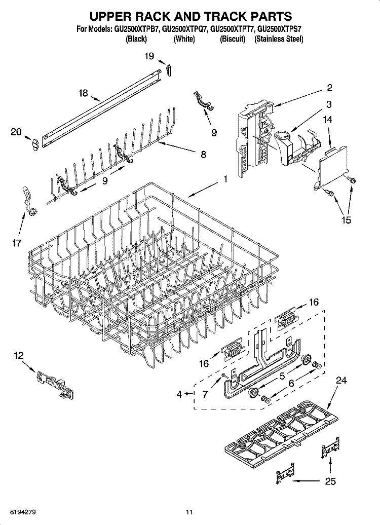 UPPER RACK AND TRACK PARTS Diagram and Parts List for GU2500XTPT7  Whirlpool Dishwasher