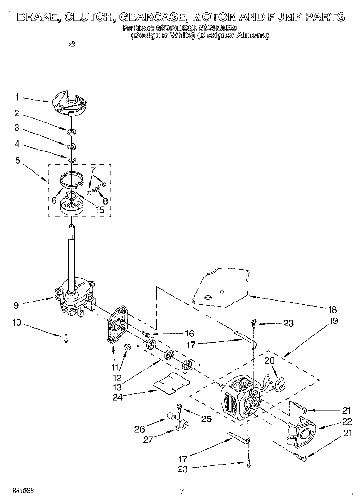 BRAKE, CLUTCH, GEARCASE, MOTOR AND PUMP Diagram and Parts List for GSQ9300EQ0  Whirlpool Washer