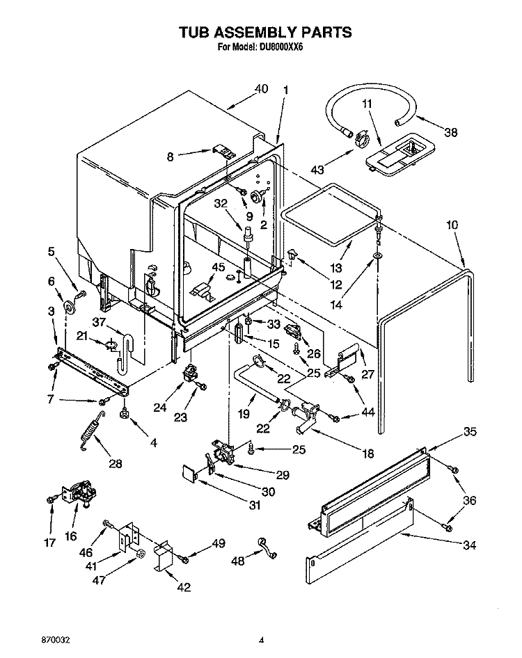 TUB ASSEMBLY, LIT/OPTIONAL Diagram and Parts List for DU8000XX6  Whirlpool Dishwasher