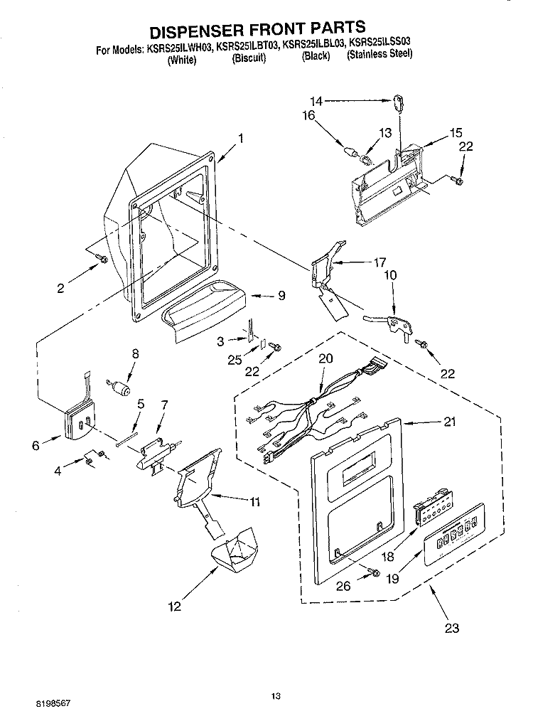 DISPENSER FRONT PARTS Diagram and Parts List for KSRS25ILBL03  KitchenAid Refrigerator