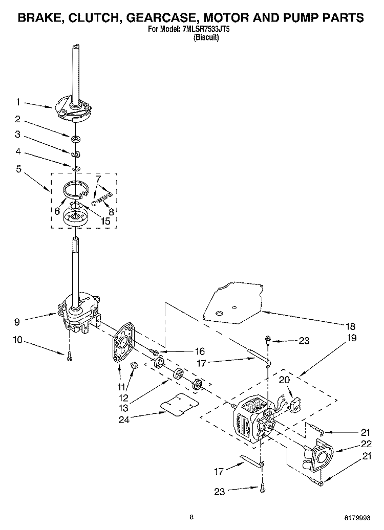 BRAKE, CLUTCH, GEARCASE, MOTOR AND PUMP PARTS Diagram and Parts List for 7MLSR7533JT5  Whirlpool Washer