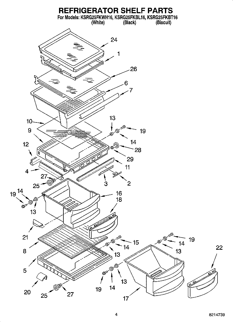 REFRIGERATOR SHELF PARTS Diagram and Parts List for KSRG25FKBT16  KitchenAid Refrigerator