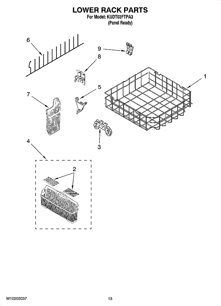 LOWER RACK PARTS Diagram and Parts List for KUDT03FTPA3  KitchenAid Dishwasher