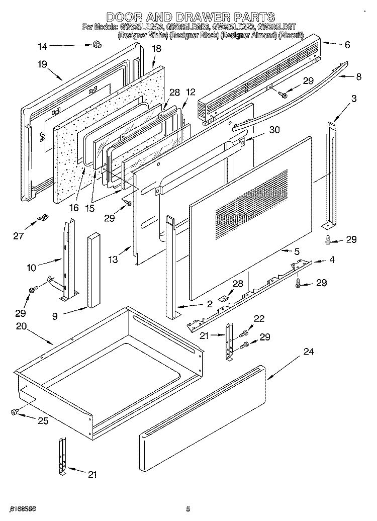 DOOR AND DRAWER Diagram and Parts List for GW395LEGB3  Whirlpool Range