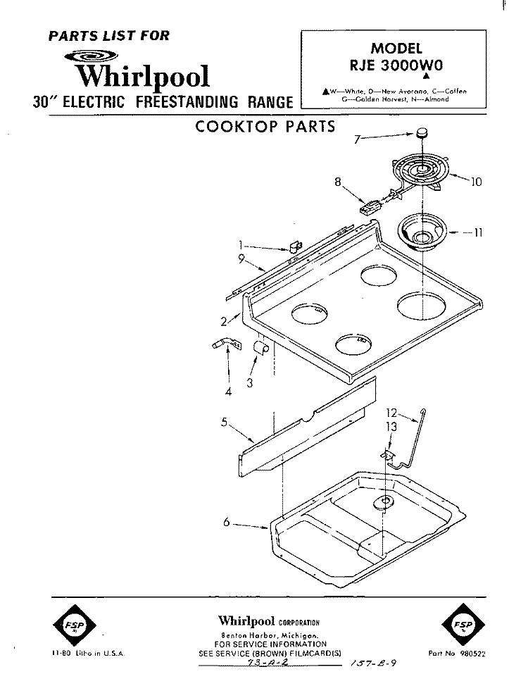 COOKTOP Diagram and Parts List for RJE3000W0  Whirlpool Range