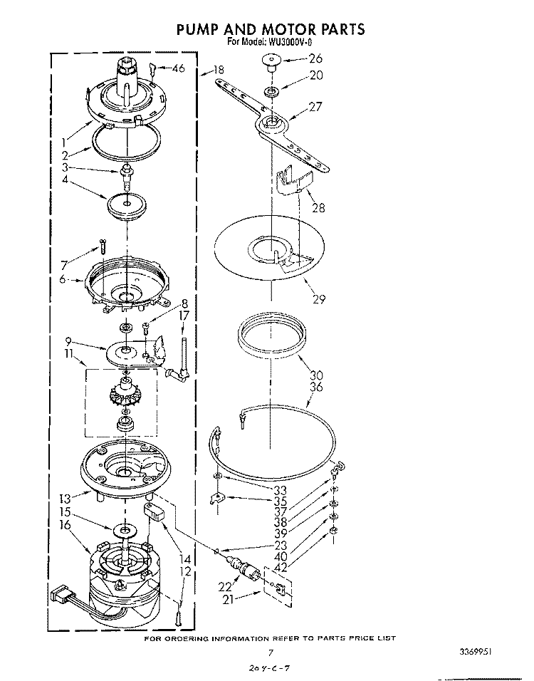 PUMP AND MOTOR Diagram and Parts List for WU3000V0  Roper Dishwasher