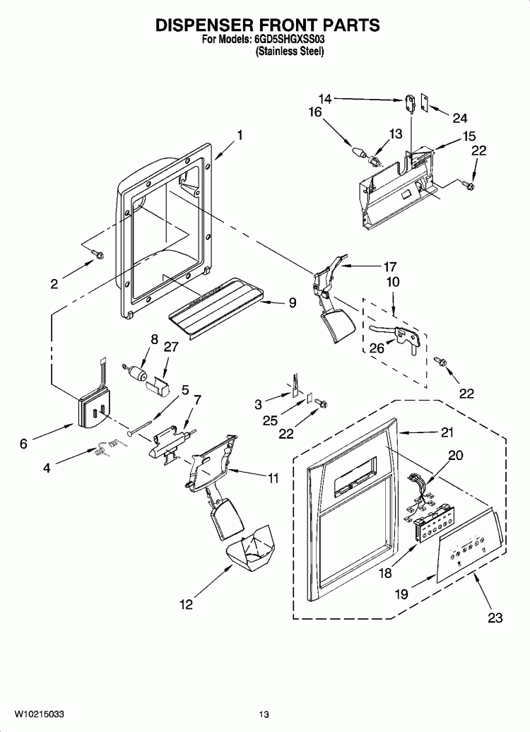 DISPENSER FRONT PARTS Diagram and Parts List for 6GD5SHGXSS03  Whirlpool Refrigerator