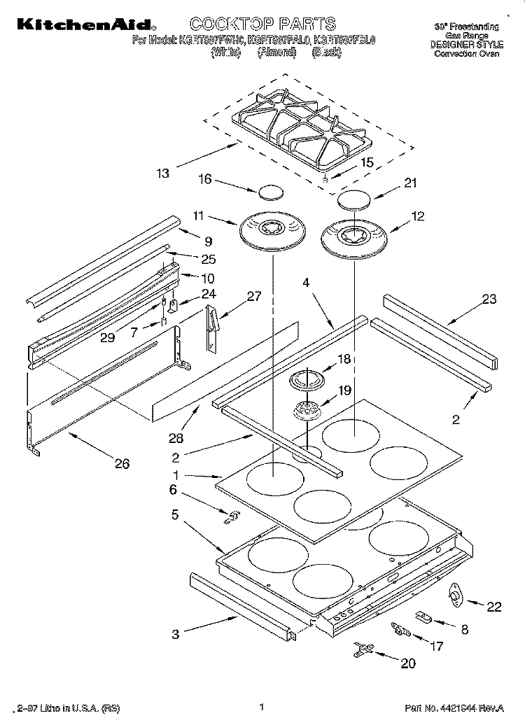 COOKTOP Diagram and Parts List for KGRT507FAL0  KitchenAid Range