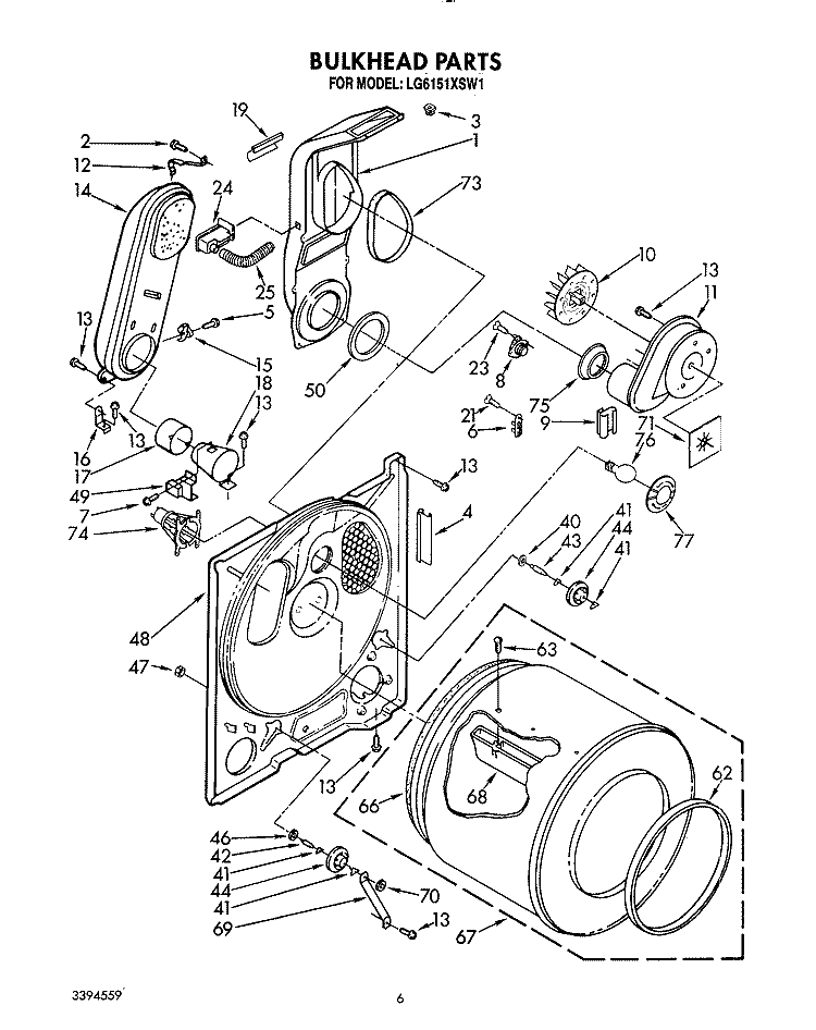 BULKHEAD Diagram and Parts List for LG6151XSW1  Whirlpool Dryer