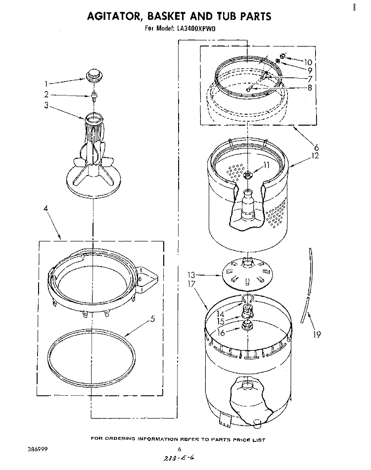 AGITATOR, BASKET AND TUB Diagram and Parts List for LA3400XPW0  Whirlpool Washer