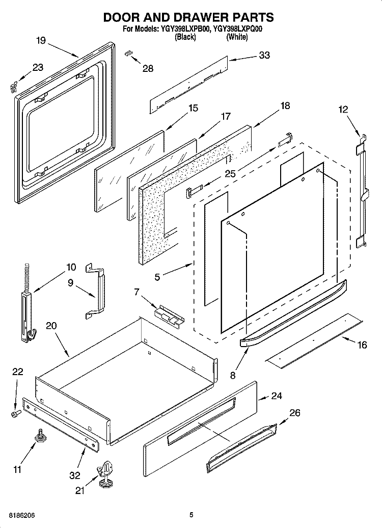 DOOR AND DRAWER PARTS Diagram and Parts List for YGY398LXPQ00  Whirlpool Range